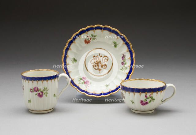 Teacup, Coffee Cup, and Saucer, Worcester, 1775/80. Creator: Royal Worcester.