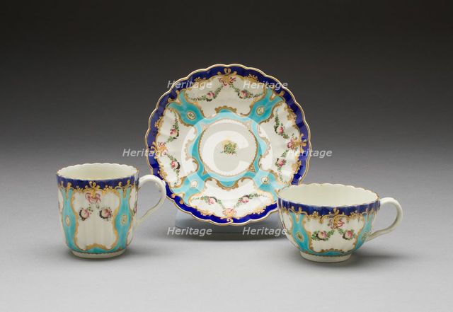 Teacup, Coffee Cup, and Saucer, Worcester, c. 1775. Creator: Royal Worcester.