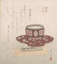 Teabowl and Powder Cake in a Tube, 19th century., 19th century. Creator: Sunayama Gosei