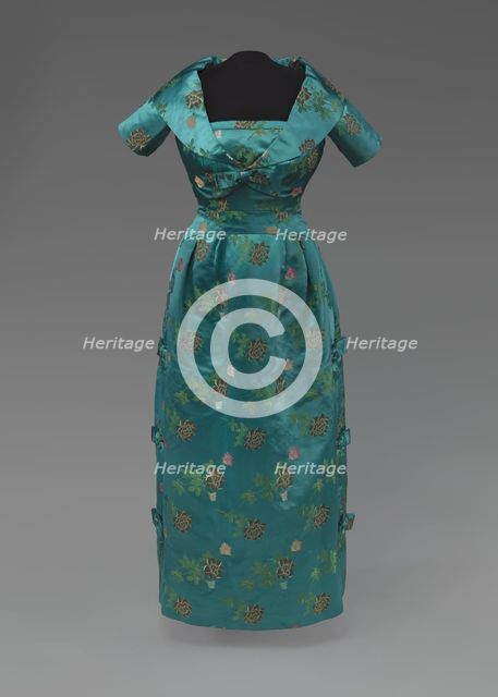 Teal blue dress and cropped jacket designed by Ann Lowe, 1950s. Creator: Unknown.