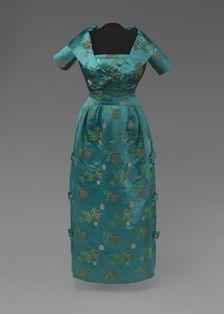 Teal blue dress and cropped jacket designed by Ann Lowe, 1950s. Creator: Unknown