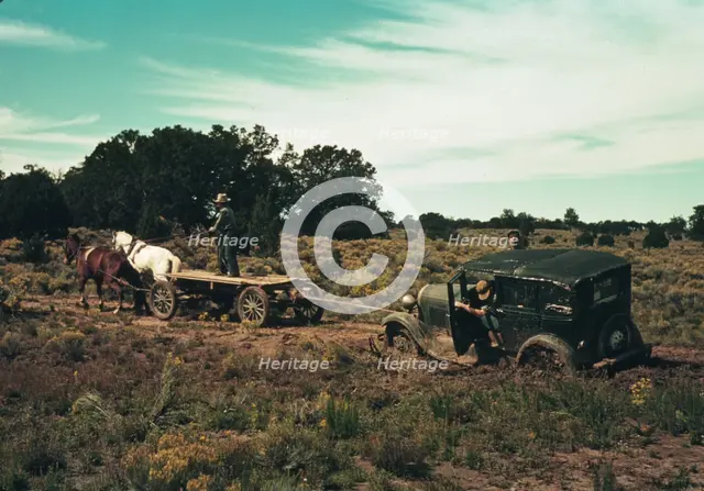 Team pulling a car out of the mud; the roads near Pie Town, New Mexico are not improved, 1940. Creator: Russell Lee.