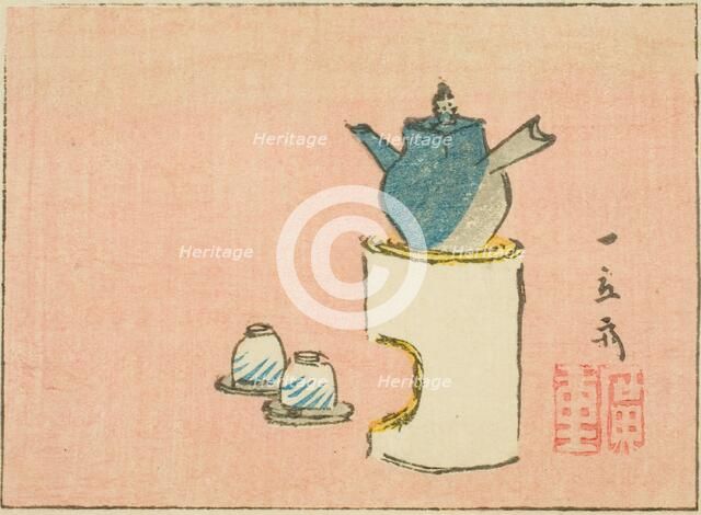 Teapot and cups, section of a sheet from a series of untitled harimaze prints, c. 1850s. Creator: Ando Hiroshige.