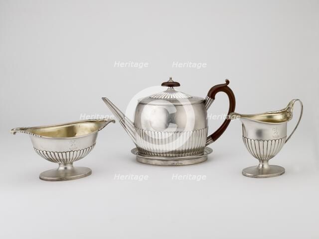 Teapot and Stand and jug, 1795; Sugar Bowl, 1794. Artist: Michael Plummer.