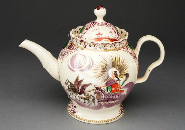 Teapot Depicting Aurora in a Chariot, Leeds, c. 1780. Creator: Unknown.