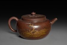 Teapot with Gold Leaf Landscape and Imperial Poem, 1762-95. Creator: Chen Hanwen (Chinese, active c. 1720s-90s)