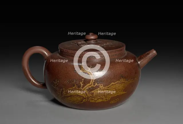 Teapot with Gold Leaf Landscape and Imperial Poem, 1762-95. Creator: Chen Hanwen (Chinese, active c. 1720s-90s).