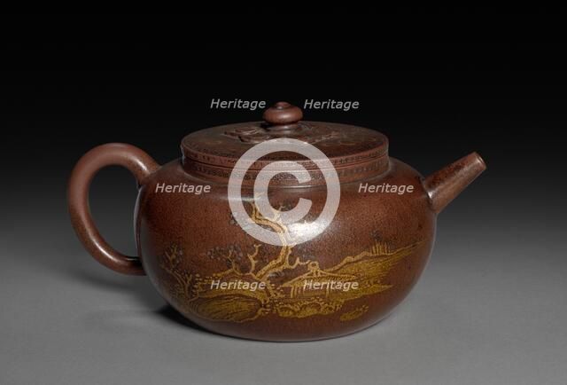 Teapot with Gold Leaf Landscape and Imperial Poem, 1762-95. Creator: Chen Hanwen (Chinese, active c. 1720s-90s).