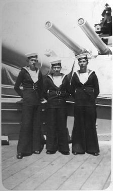 Ted and pals three Royal Navy sailors on board a warship, c1920s-c1930s(?)