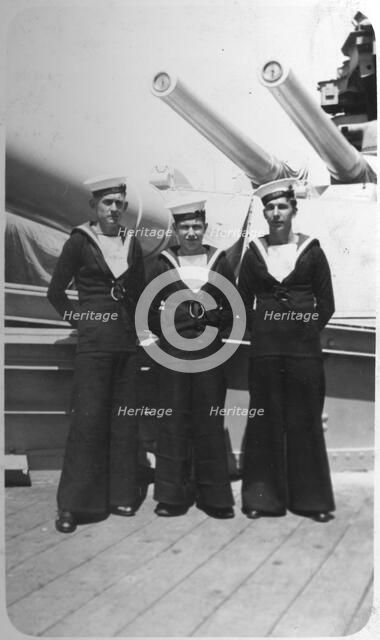 'Ted and pals', three Royal Navy sailors on board a warship, c1920s-c1930s(?). Artist: Unknown
