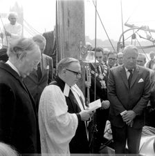 Ted Heath on a Thames barge, London, 25 April 1974. Creator: Henry Grant