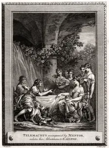 Telemachus accompanied by Mentor, relates his Adventures to Calypso 1774. Artist: J Collyer