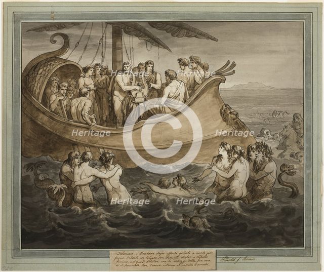 Telemachus and Mentor in a Galley after Fleeing the Island of Calypso, from The..., Book 8, 1808. Creator: Bartolomeo Pinelli.