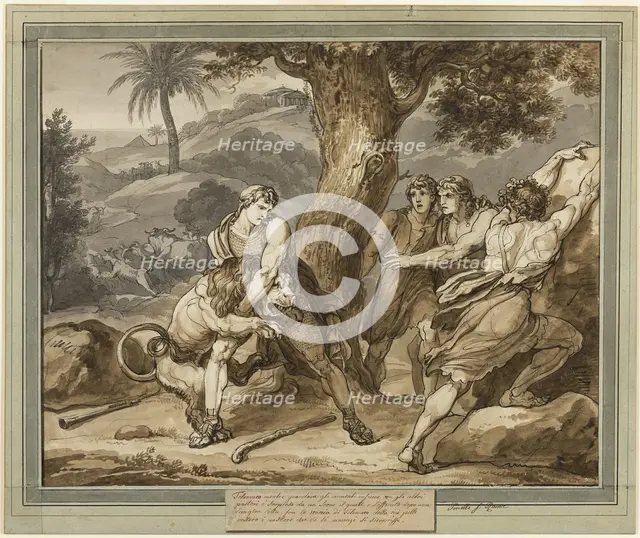 Telemachus Battles the Lion, from The Adventures of Telemachus, Book 2, 1808. Creator: Bartolomeo Pinelli.