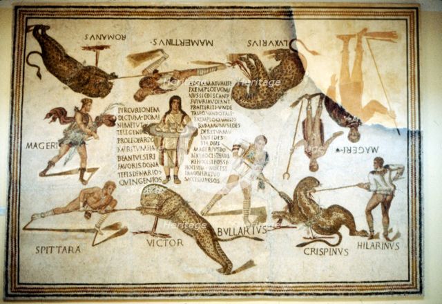 Telegenic Troupe kill leopards at 'Spectacle', Roman floor mosaic from Moknine, 3rd century. Artist: Unknown.