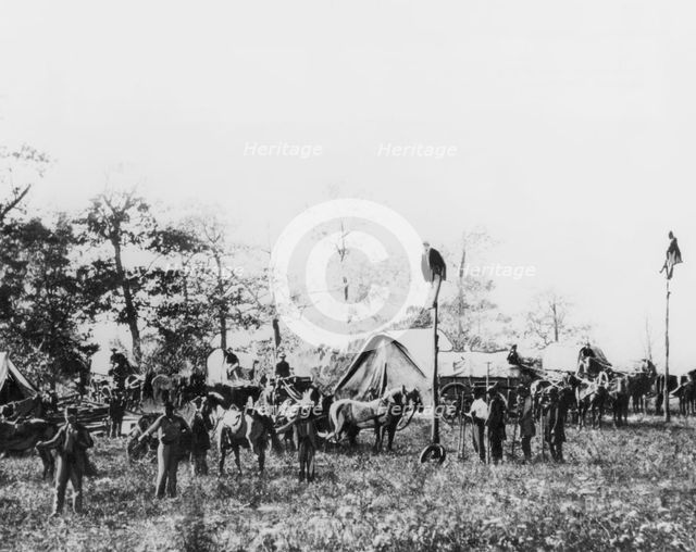 Telegraph construction camp during the American Civil War, 1861-1865. Artist: Unknown