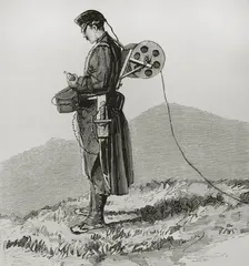 Telegraphist engineer receiving and transmitting dispatches during the march, in the Army..., 1878. Creator: Bernardo Rico