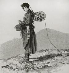 Telegraphist engineer receiving and transmitting dispatches during the march, in the Army..., 1878. Creator: Bernardo Rico