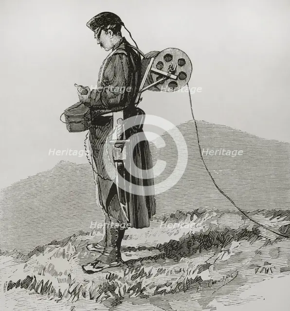 Telegraphist engineer receiving and transmitting dispatches during the march, in the Army..., 1878. Creator: Bernardo Rico.