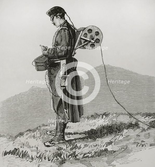 Telegraphist engineer receiving and transmitting dispatches during the march, in the Army..., 1878. Creator: Bernardo Rico.