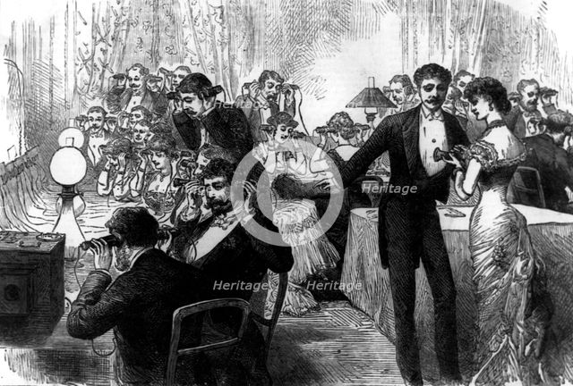 Telephone party, 1882. Creator: Unknown.