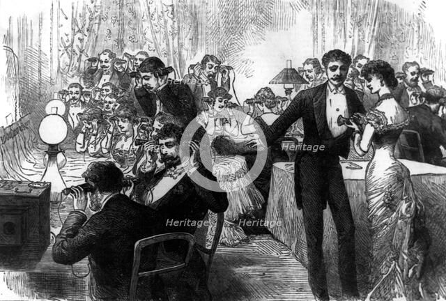 Telephone party, 1882. Artist: Unknown