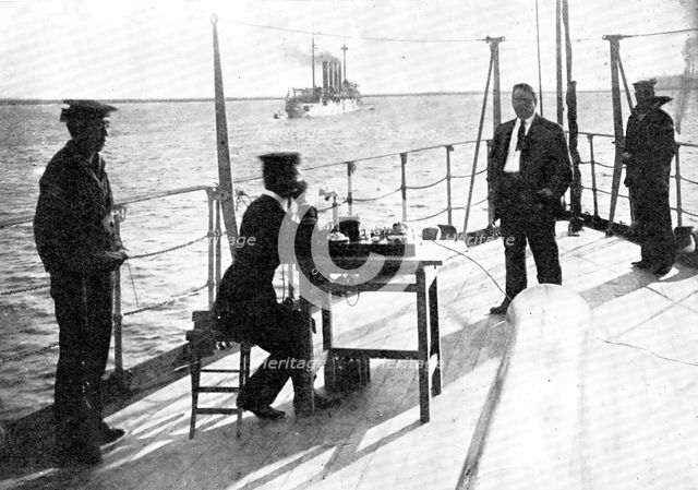 Telephoning By Means Of The Collins Wireless System Between Japanese War-Ships, 1909. Creator: George Grantham Bain.