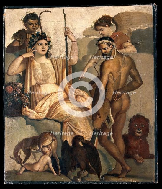 Telephus being suckled by a doe, with Minerva and Hercules.  After a fresco. Creator: Unknown.