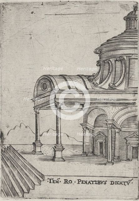 Tem. Ro. Penatibus Dicatu, from a Series of 24 Depicting (Reconstructed) Buil..., Plate ca. 1530-50. Creator: Anon.