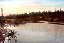 Temporary Crossing Built by Settlers Over the Zolotoi-Kita River. Zimov'evsko-Mesh..., 1906-1908. Creator: Dorozhno-Stroitel'nyi Otdel