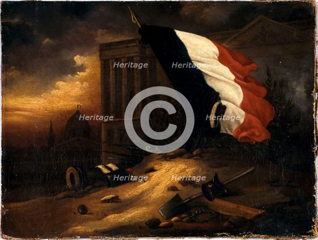 Temporary tomb of victims from July 1830 days, in front of the colonnade of the Louvre, 1830. Creator: Alexandre Barouillet.