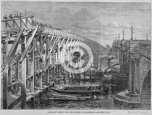 Temporary  wooden bridge over the River Thames at Blackfriars, London, 1864. Artist: Anon