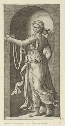 Temperance personfied by a woman standing in a niche holding a bit, from The Virtu..., ca. 1515-25. Creator: Marcantonio Raimondi