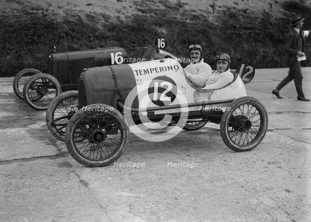 Temperino of JS Wood and Salmson of Andre Lombard at the JCC 200 Mile Race, Brooklands, 1921. Artist: Bill Brunell.