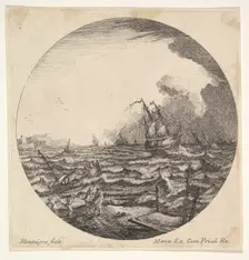 Tempest in a roundel composition, at left waves toss a small ship occupied by seven..., ca. 1625-60. Creator: Matthijs van Plattenberg