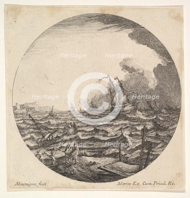 Tempest in a roundel composition, at left waves toss a small ship occupied by seven..., ca. 1625-60. Creator: Matthijs van Plattenberg.
