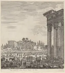 Temple of Antoninus and the Campo Vaccino, 1656. Creator: Stefano della Bella