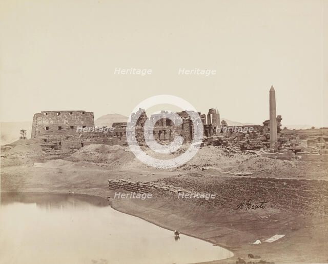 Temple of Karnak from the Sacred Lake. Luxor, East Bank, between 1860 and 1903. Creator: Antonio Beato.