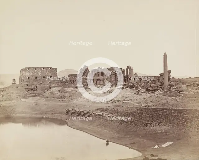 Temple of Karnak from the Sacred Lake. Luxor, East Bank, between 1860 and 1903. Creator: Antonio Beato.