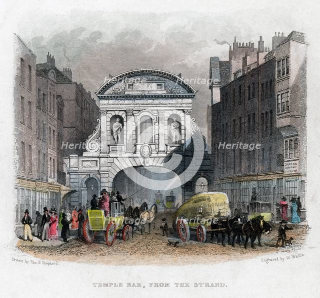 'Temple Bar, from the Strand', London, 1829.Artist: W Wallis