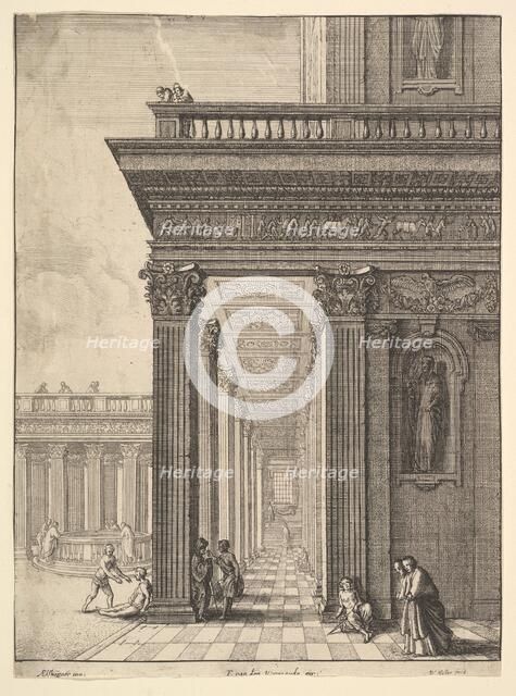 Temple courtyard with figures, after David Teniers the Elder (?), 1625-77. Creator: Wenceslaus Hollar.