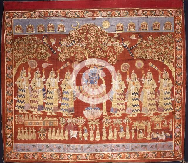 Temple Hanging (Pichvai) Depicting Krishna with Gopis, c1800. Creator: Unknown.