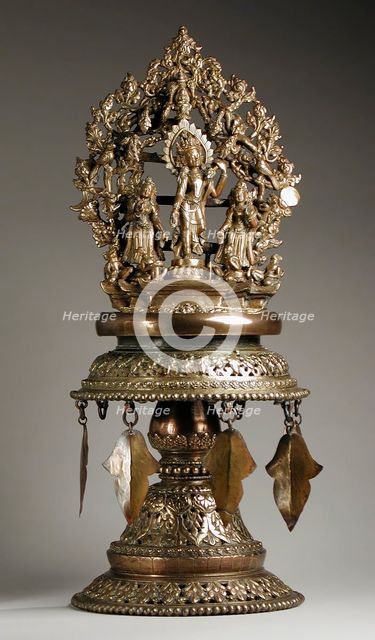 Temple Lamp with the Buddhist God Chintamani Lokeshvara and Attendants, Late 19th century. Creator: Unknown.