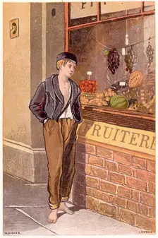 Temptation: A poor shoeless boy looking longingly at fruit on display in a shop window, c1880