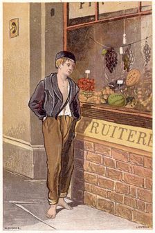 Temptation: A poor shoeless boy looking longingly at fruit on display in a shop window, c1880