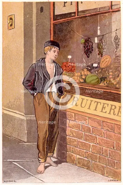 Temptation: A poor shoeless boy looking longingly at fruit on display in a shop window, c1880. Artist: Unknown