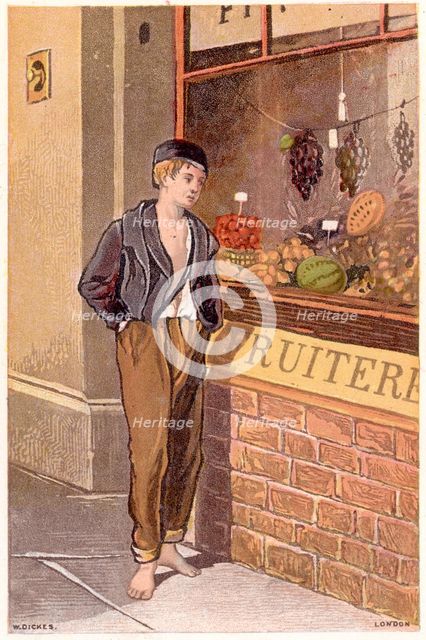 Temptation: A poor shoeless boy looking longingly at fruit on display in a shop window, c1880. Artist: Unknown