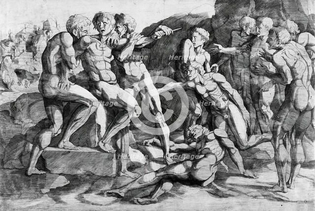 Ten Nude Men in a Landscape, 16th century. Creator: Domenico del Barbiere.
