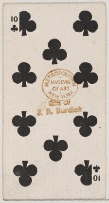Ten Clubs (black), from the Playing Cards series (N84) for Duke brand cigarettes, 1888., 1888. Creator: Unknown