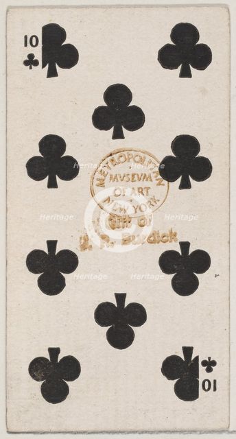 Ten Clubs (black), from the Playing Cards series (N84) for Duke brand cigarettes, 1888., 1888. Creator: Unknown.